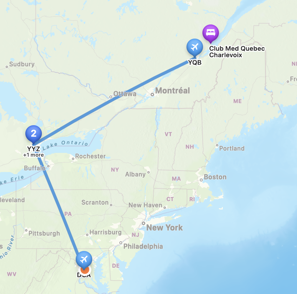 Map showing a flight route from DCA-YYZ-YQB