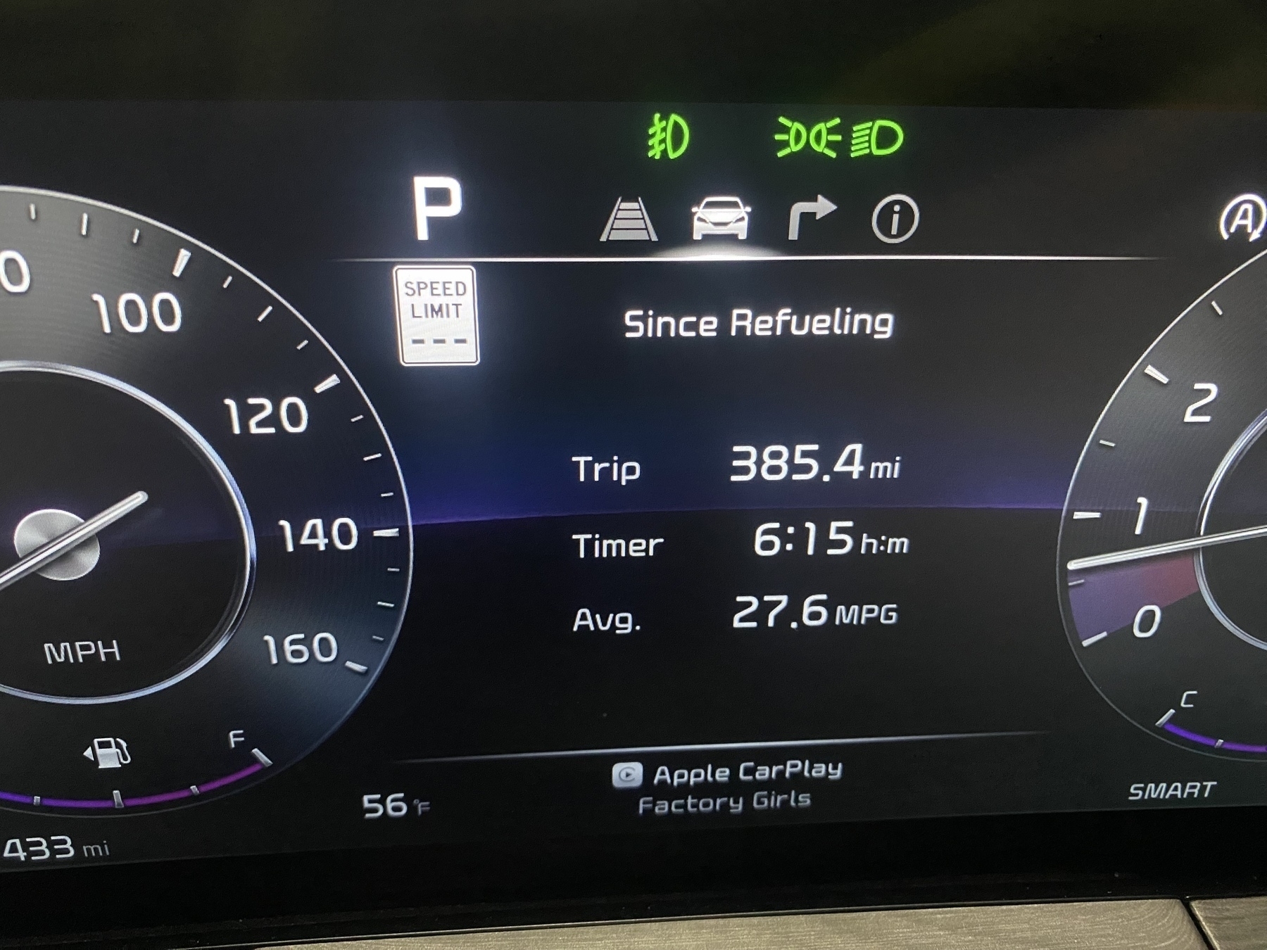 The dashboard trip meter of a Kia Telluride showing 27.6MPG.