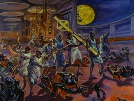A group of people in white robes wielding primitive weapons appear to be fighting or attacking robotic figures under a large yellow moon inside a futuristic setting.