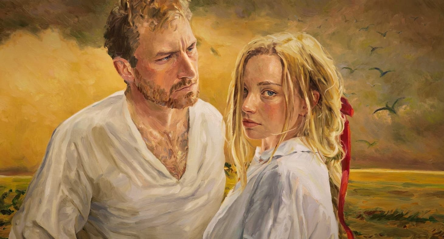 A man with a serious expression stands close to a woman with blonde hair tied with a red ribbon, set against a warm, cloudy sky and a few birds flying in the background.