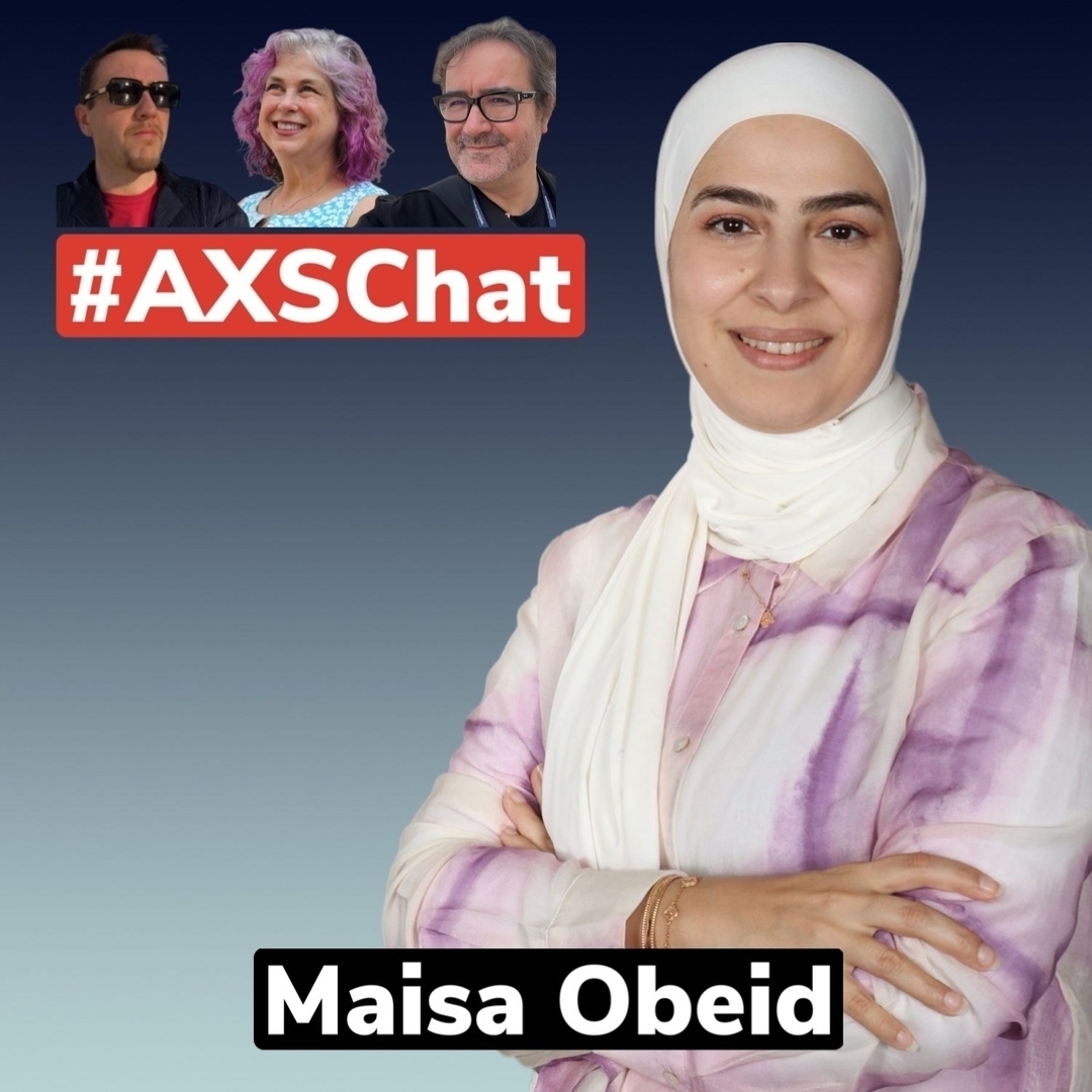 Neil, Debra, and Antonio are superimposed on a sky background behind Maisa Obeid, who is the main focal image. Maisa wears a white hijab and a pastel tie-dye blouse, smiling at the camera. Neil is wearing sunglasses and a black shirt, Debra has pink hair and a blue top, and Antonio is in glasses and a dark blazer. The hashtag #AXSChat is displayed at the top, and Maisa's name is labeled at the bottom.