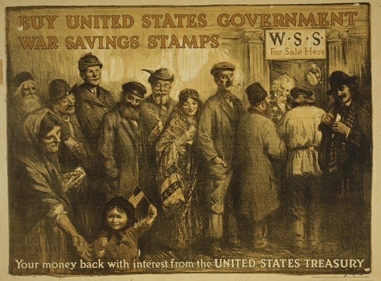 Poster showing a dozen people at a ticket window with a sign reading 'W.W.S. For Sale Here.' The clerk is Uncle Sam with his hat hanging on a hook next to him. The poster bears the captions 'Buy United States Government War Savings Stamps' (top) and 'Your money back with interest from the United States Treasury' (bottom).