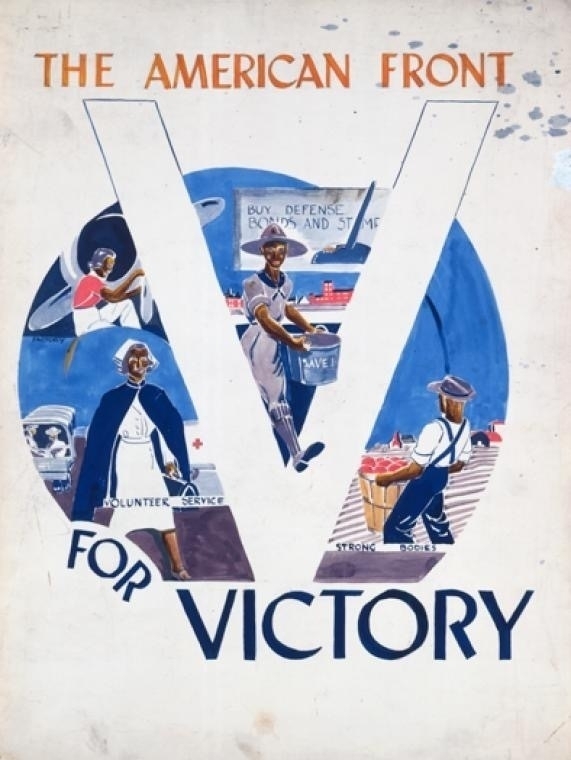 Poster. The women described in the detailed caption below are separated into different quadrants with the help of a big 'V', which itself is underlined by the text 'for victory'.