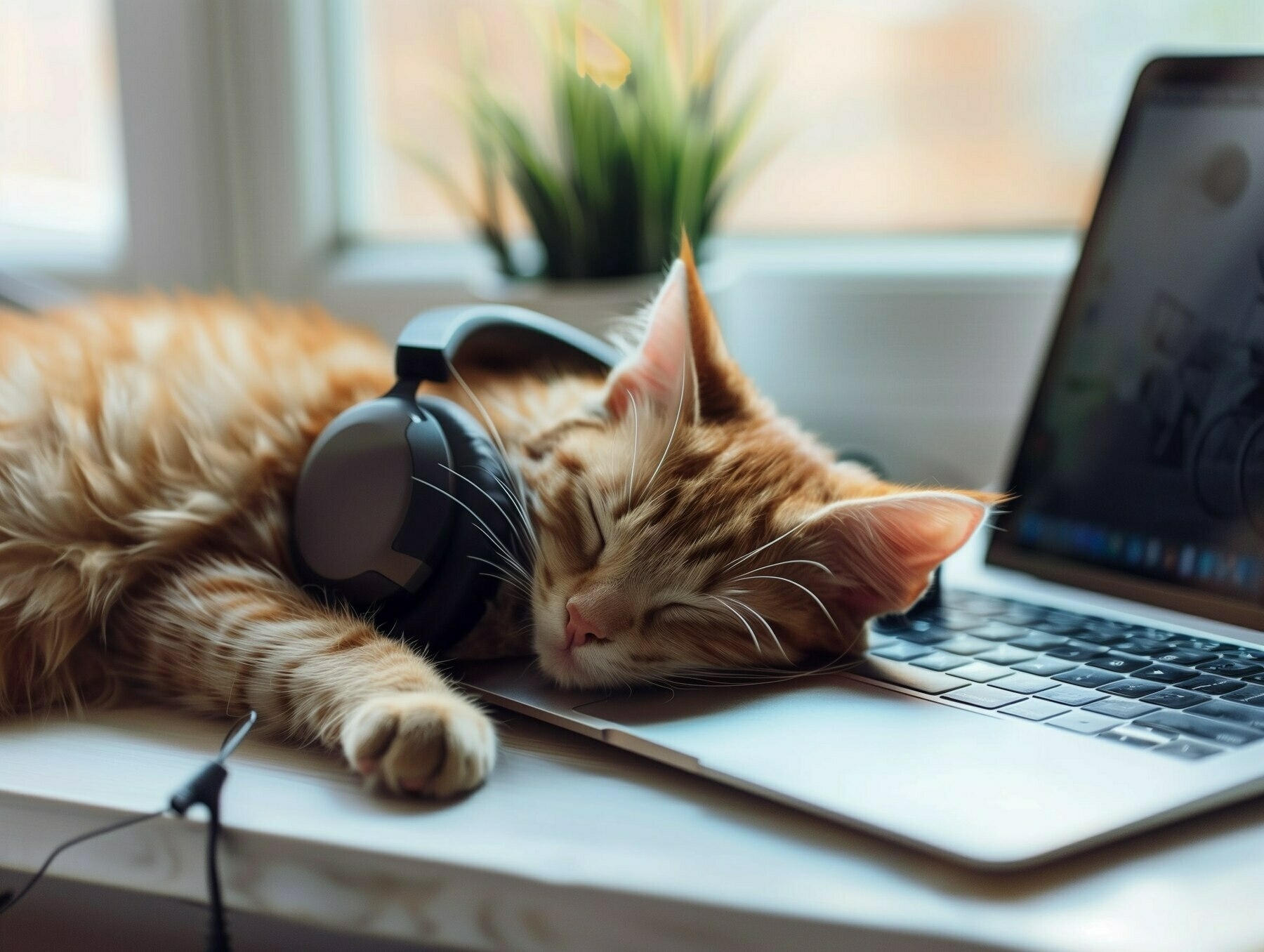 The image features an orange tabby cat lying on a laptop keyboard. The cat appears to be sleeping or resting, with its head comfortably placed on the laptop's trackpad and one paw extended outward onto the keys. A pair of over-ear headphones is placed on the cat's head