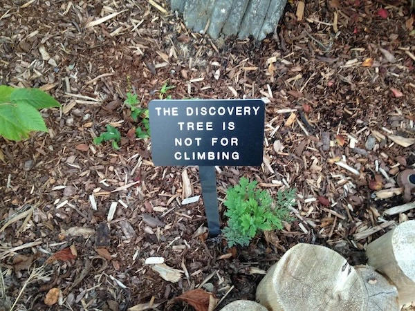 A sign at Childhood’s Gate Children's Garden at the Penn State Arboretum tell us the Discovery Tree is not for climbing