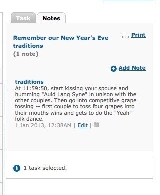 A note outlines New Year's Eve traditions, including kissing at midnight, humming Auld Lang Syne, and engaging in a grape tossing competition