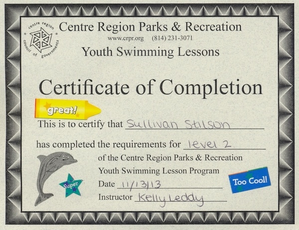 A certificate of completion for a Centre Region Parks & Recreation youth swimming program .