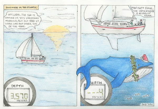 A comic depicts a sailboat in the Atlantic where the depth changes from 3570 meters to -4 meters as a humorous situation unfolds involving a whale.