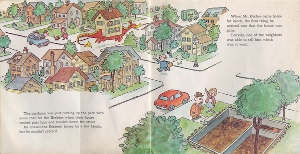 Auto-generated description: A whimsical scene shows a dragon carrying a house down the street on its back while surprised residents react.