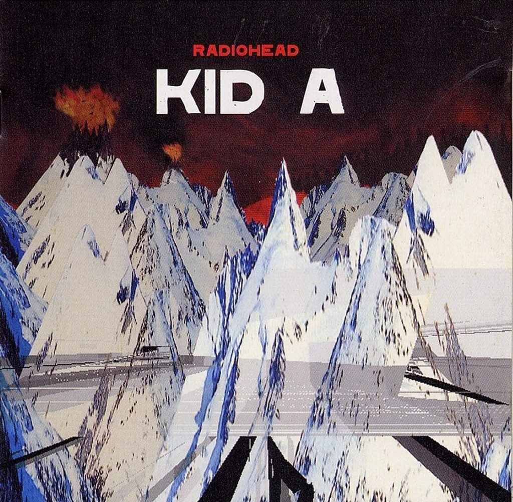 A surreal landscape of jagged, snow-covered mountains is depicted under a dark, fiery sky, with the text RADIOHEAD KID A at the top.