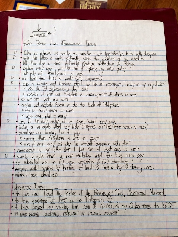 A handwritten list outlines personal goals and daily routines, including reading, meditation, and exercise.