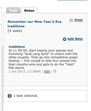 A note on a digital platform details New Year's Eve traditions, including kissing at midnight, singing Auld Lang Syne, and a grape tossing competition.