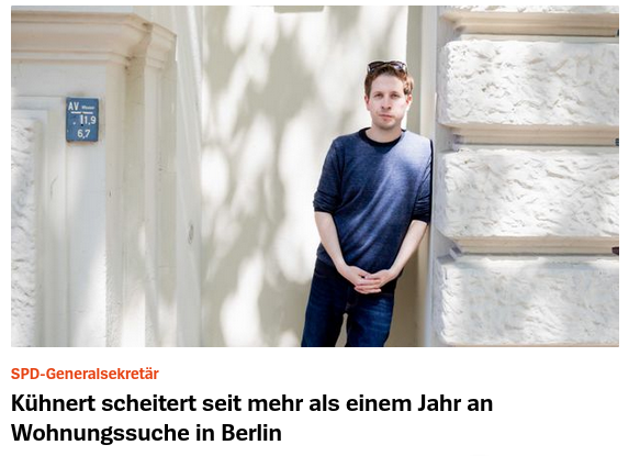 Screenshot aus einem Nachrichtenartikel, darunter der Titel: SPD-Generalsekretär: Kühnert scheitert seit mehr als einem Jahr an Wohnungssuche in Berlin