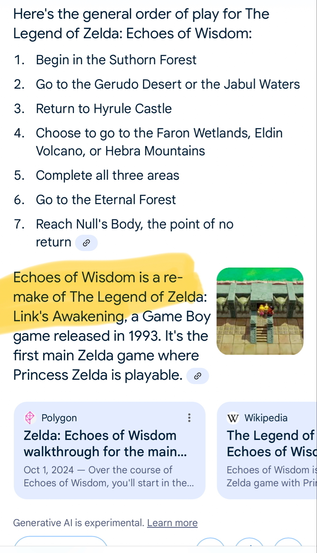 Screenshot of a Google AI summary of what order to play through Zelda: Echoes of Wisdom. At the bottom, there’s a description of the game and I’ve highlighted the section where it says “Echoes of Wisdom is a remake of The Legend of Zelda: Link’s Awakening.