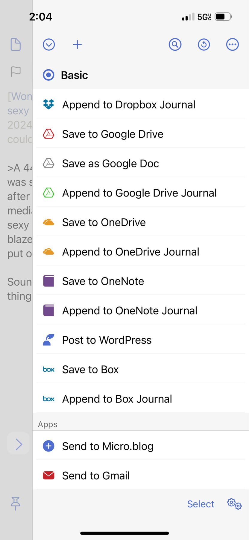 Screenshot of Drafts app. I have the right drawer pulled out and it’s all the sharing options - Dropbox, Google Drive, OneDrive, OneNote, WordPress, Box, Gmail and Micro.blog are all shown as sharing options