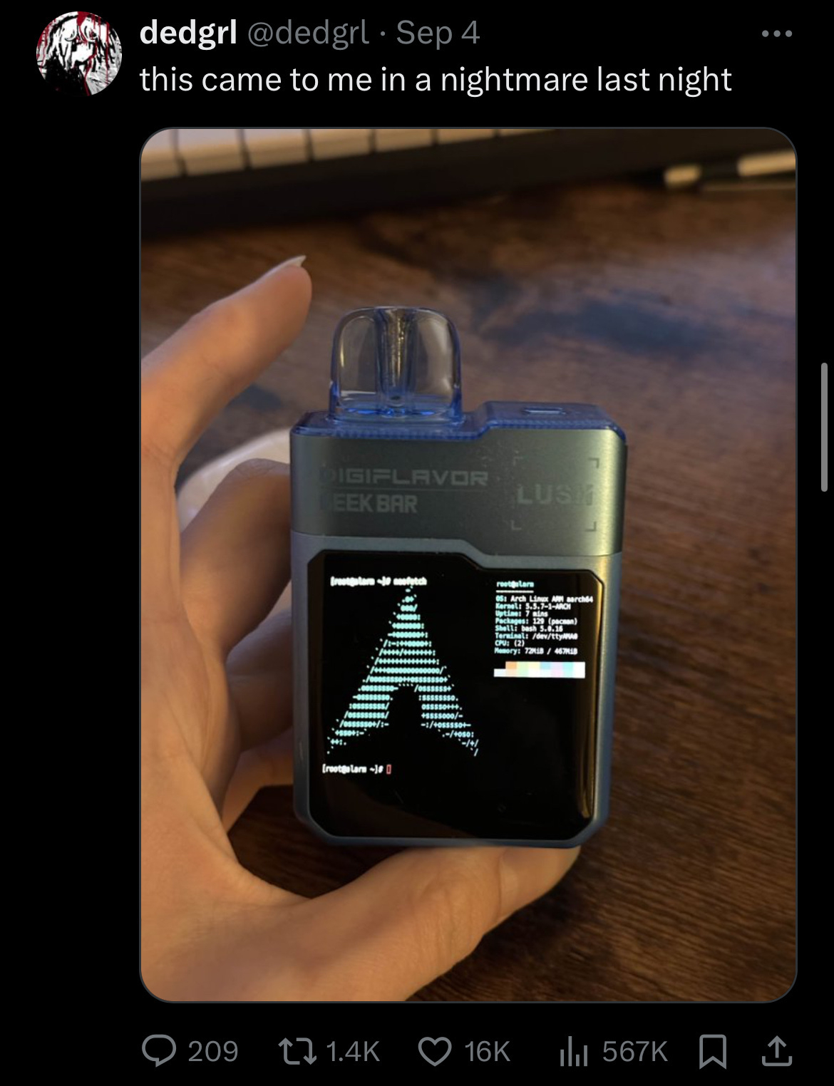 A disposable vape running Arch Linux