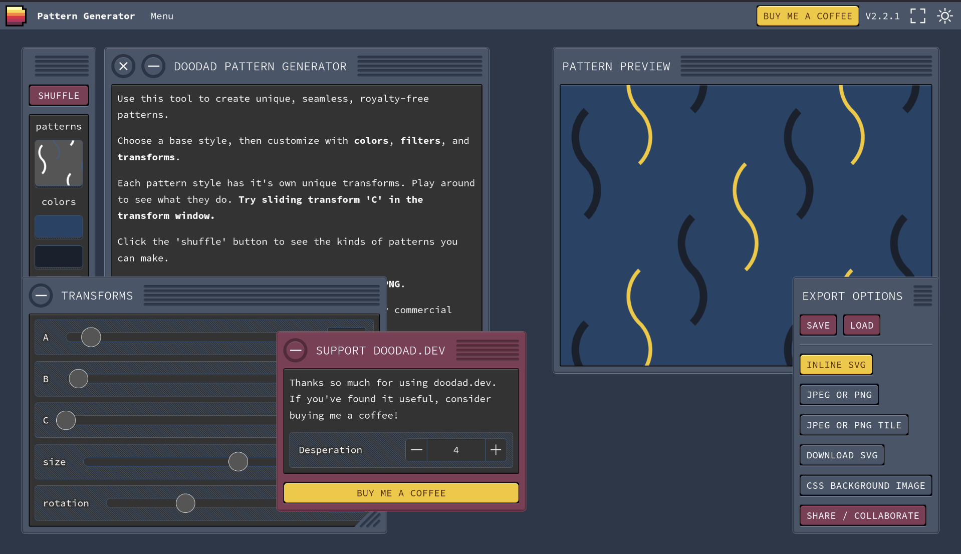 screenshot of doodad.dev. There are a few various windows where you can choose different patterns and manipulate the parameters to get a custom tiled pattern