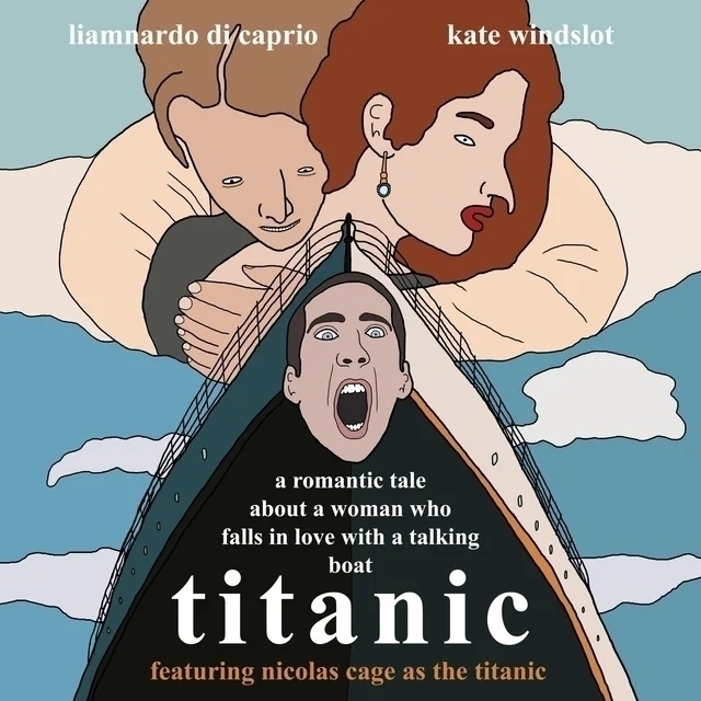 Chris (simpsons artist) depiction of the Titanic's cover art featuring Nicolas Cage as the Titanic