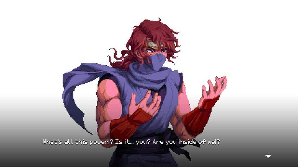 A muscular warrior with red hair and a mask stands with a surprised expression, contemplating a mysterious power.