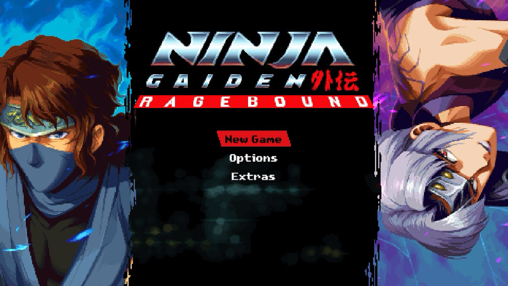 A video game menu titled Ninja Gaiden: Ragebound is flanked by illustrations of two ninja characters.