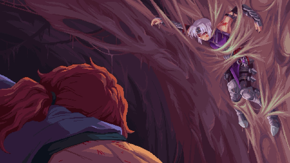 A character with white hair and purple armor is entangled in a web-like substance, while another figure with long red hair watches from below.