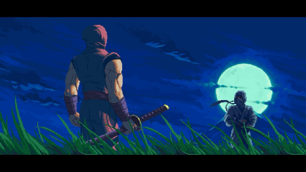 A hooded warrior with a sword faces a cloaked figure holding a scythe under a bright moonlit sky.