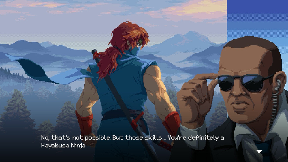 A red-haired warrior stands overlooking a mountainous landscape while a suited man adjusts his sunglasses, accompanied by a dialogue about a Hayabusa Ninja.