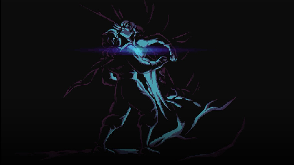 A stylized, dramatic illustration of two figures locked in a dynamic pose with a glowing blue light emanating between them against a dark background.