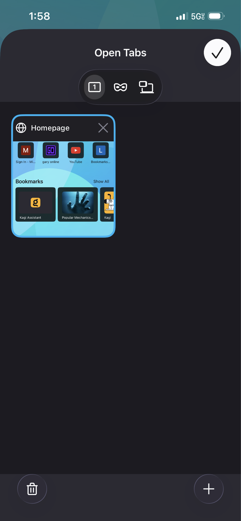 Screenshot of the latest version of Firefox for iOS. It has a couple of off-center Liquid Glass elements, like the normal tab/private tab selection, and the “new tab” and “close tab” buttons on the bottom are slammed up against the top of the bottom menu with no padding. 