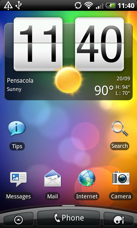 A smartphone home screen displays a clock showing 11:40, sunny weather in Pensacola at 90°F, and icons for Tips, Search, Messages, Mail, Internet, and Camera.