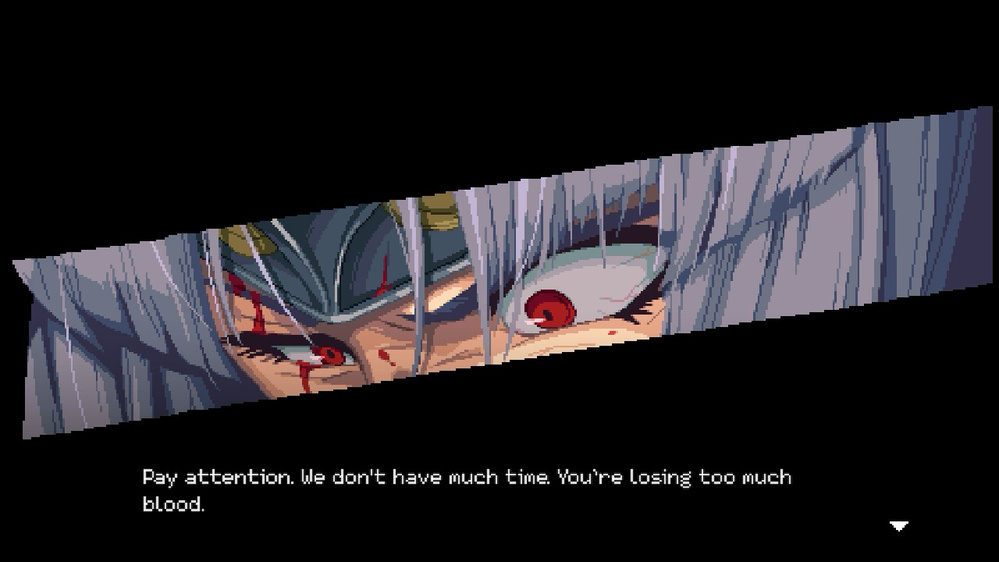A close-up of a character with intense eyes, wearing a helmet, features text about losing blood and urgency.
