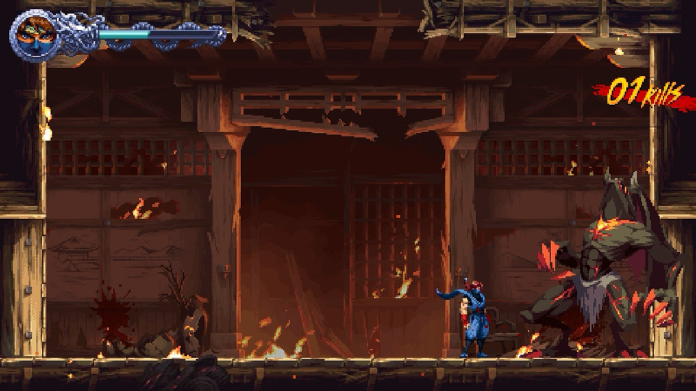 A warrior stands ready to fight a large, dark creature in a fiery, damaged wooden building.