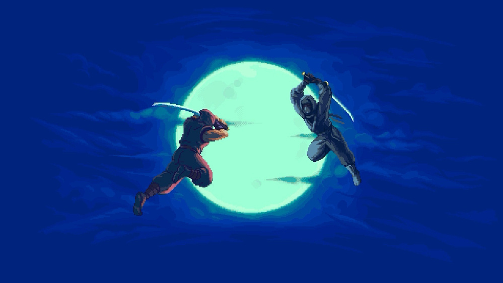 Two ninjas are poised to clash in front of a large, bright full moon against a deep blue sky.