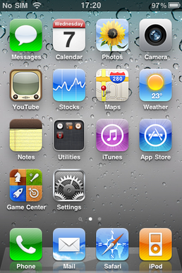 An iPhone home screen displays apps like Messages, Calendar, Photos, Camera, and more, with a water droplet background.