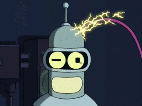 GIF of Bender from Futurama short circuiting because he plugged into an electrical outlet to get high