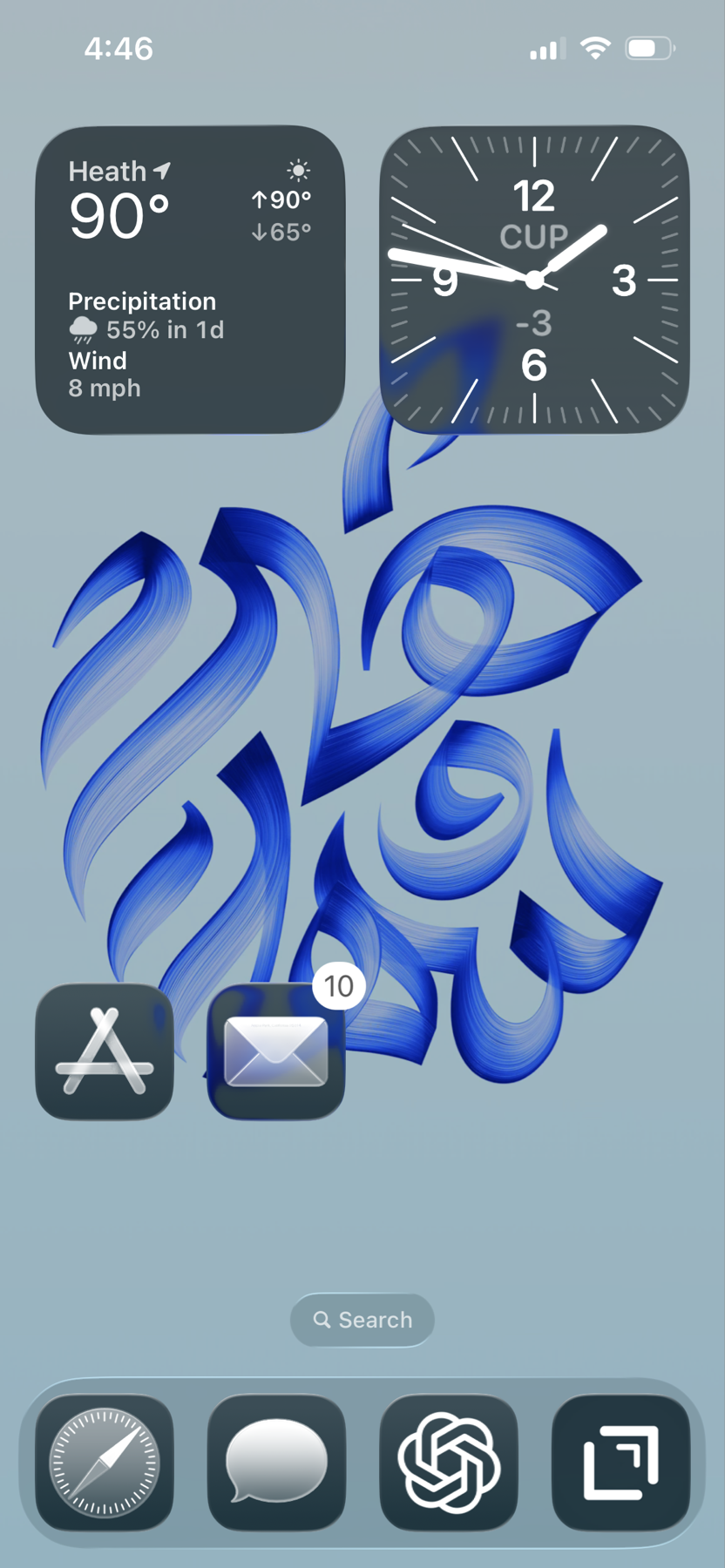 A smartphone home screen displays weather, time, and various app icons against a blue abstract background.