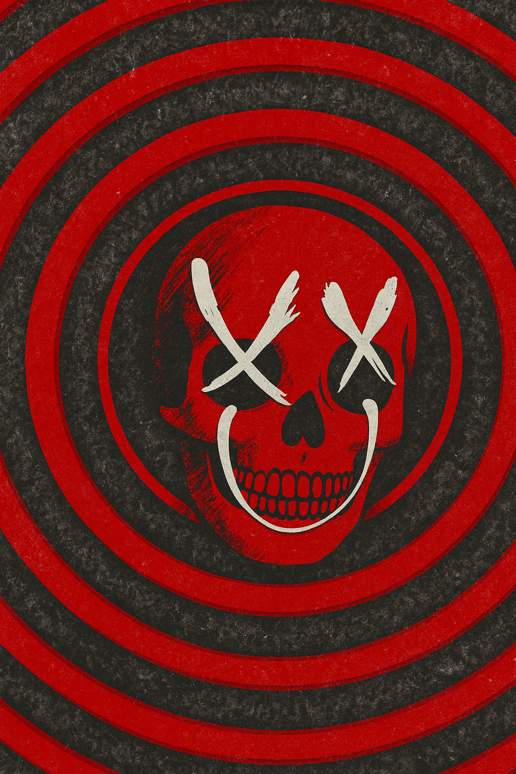 Red and grey spiral background with an illustrated skull in front. The skull has superimposed X’s for eyes and a smiley face drawn over its mouth.