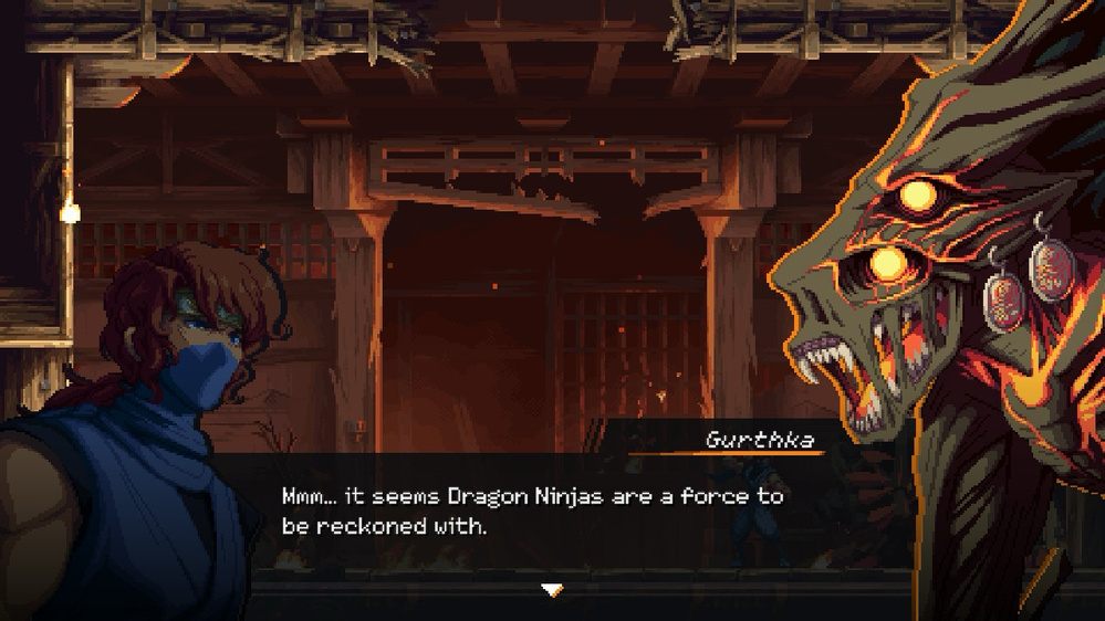 A masked warrior confronts a creature with glowing eyes in a dark, wooden interior, with dialogue at the bottom of the scene.