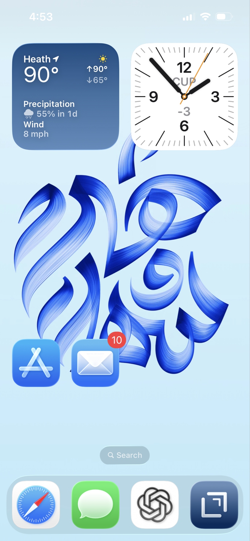 A smartphone home screen displays weather information, a clock widget, app icons, and a blue abstract background.