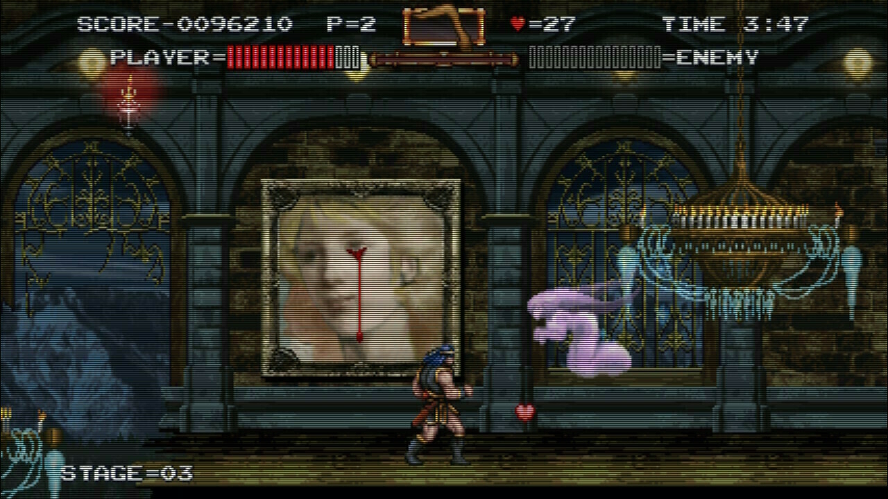 Screenshot of a scene in Haunted Castle Revisted: the player is facing a ghost and the portrait in the background is crying blood.