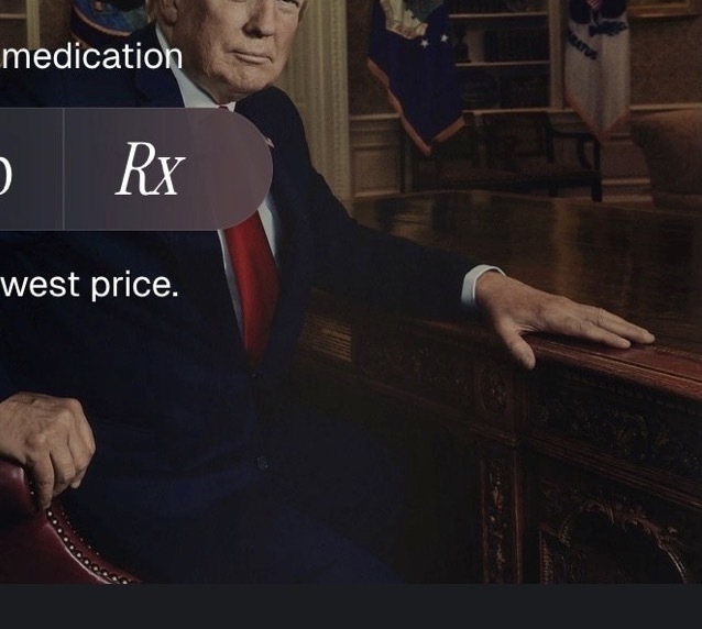 screenshot of trumprx website where the portrait of trump clearly has enlarged hands