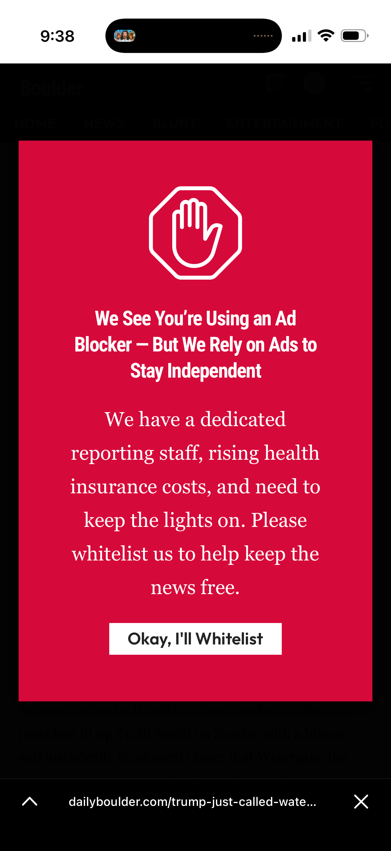 A notification appears, asking the user to disable their ad blocker to support the website financially.