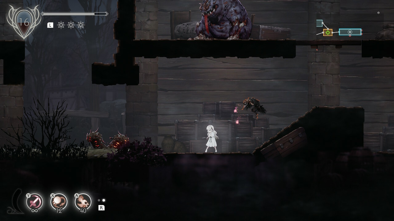 Auto-generated description: A white-haired character navigates a dark, platform-style environment with creatures and obstacles, accompanied by game interface elements.