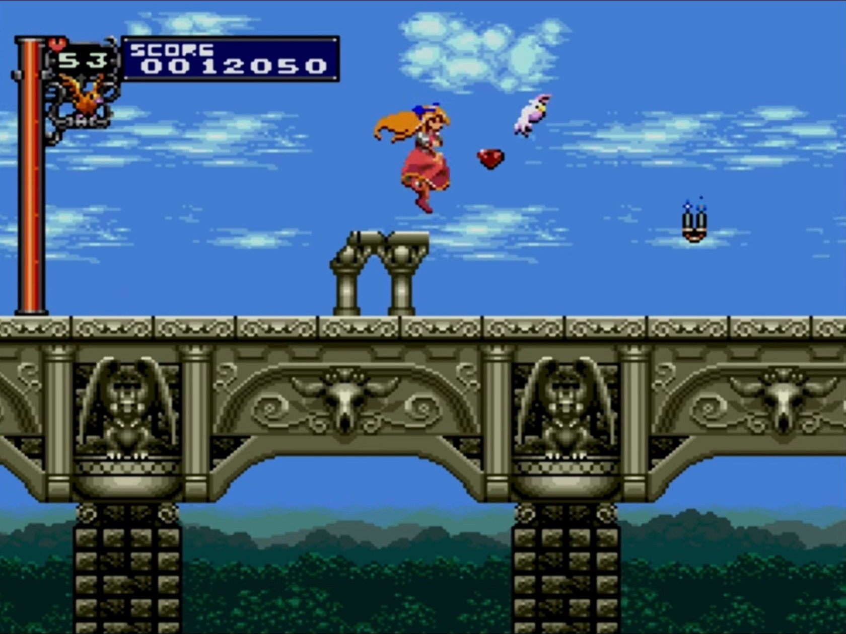 Auto-generated description: A character in a red outfit jumps over a gothic-style bridge in a side-scrolling video game, with a heart and a white creature in the air nearby.