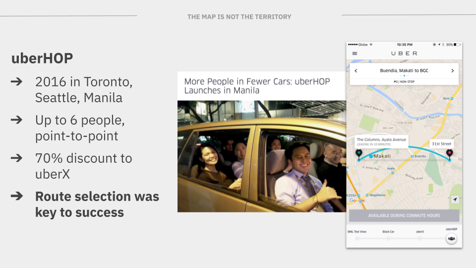 A slide showing a news article and the interface for uberHOP.