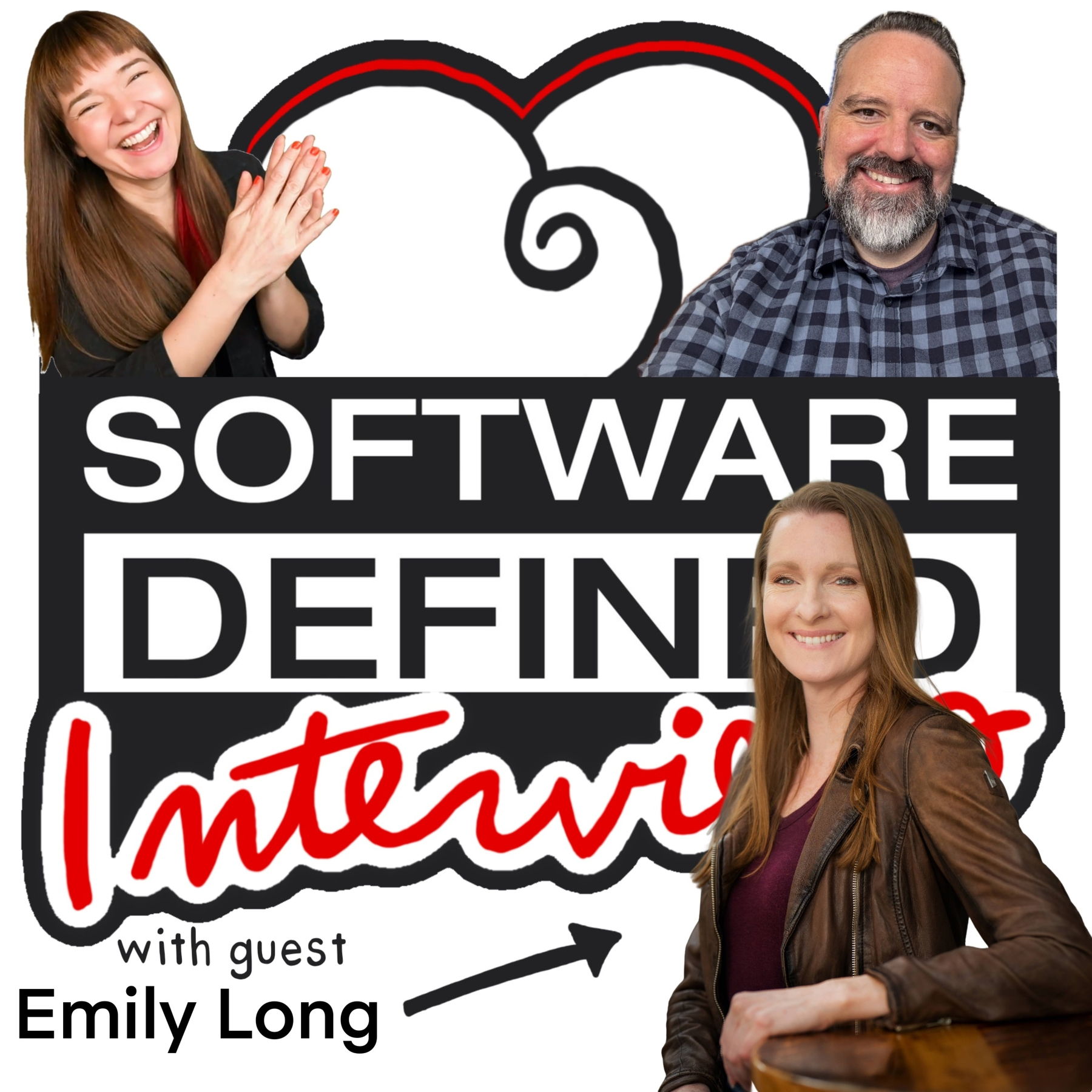 Software Defined Interviews podcast cover art. Whitney Lee (dark hair with bangs, laughing and clapping, black top) is in the upper left, and Coté (bearded man in a blue plaid shirt, smiling) is in the upper right, both flanking the show's cloud logo. The show name "Software Defined Interviews" appears in large black and white block letters with a red script "Interviews" overlay. Below, Emily Long (long brown hair, brown leather jacket, smiling) appears with an arrow and the text "with guest Emily Long."