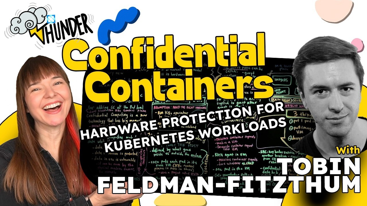 Whitney Lee on the left, laughing, wearing a dark jacket with bangs. Tobin Feldman-Fitzthum on the right, shown in a black-and-white photo. Large yellow text reads Confidential Containers and white text below reads Hardware Protection for Kubernetes Workloads, with the name Tobin Feldman-Fitzthum at the bottom in yellow. A lightboard covered in handwritten technical notes fills the background. The 🌩️Thunder show logo appears in the top-left corner.