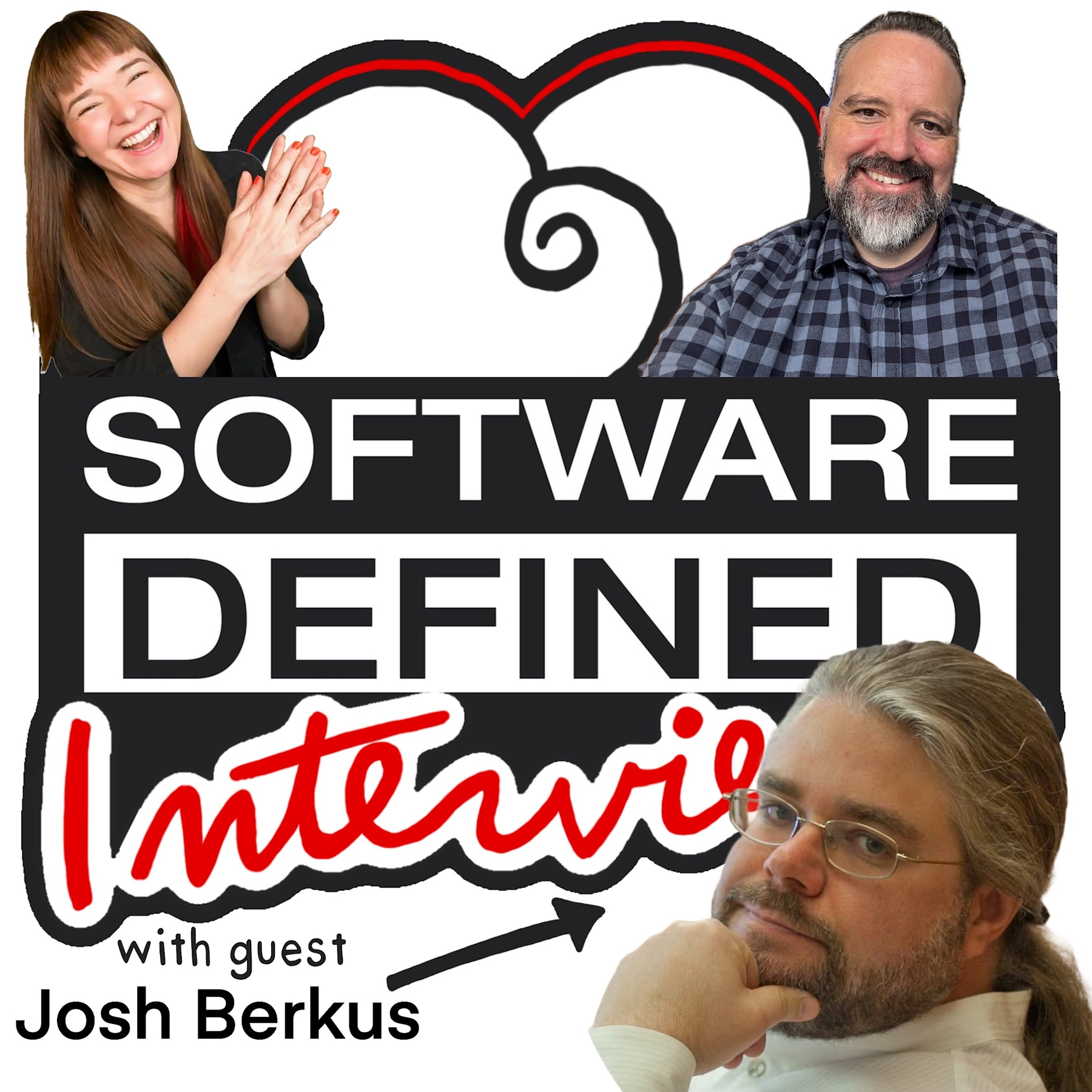 Composed thumbnail graphic for Software Defined Interviews. Upper left: Whitney Lee laughing and clapping, dark hair, wearing a black top. Upper right: Coté, bearded, in a plaid shirt. Center: the Software Defined Interviews logo — a stylized cloud above bold black and red text reading "Software Defined Interviews." Lower right: Josh Berkus, with long gray hair pulled back, glasses, and his hand thoughtfully on his chin. An arrow and the text "with guest Josh Berkus" point to his photo. The left and right borders show a tiled pattern of the SDI branding with clouds, lightning bolts, and geometric shapes.