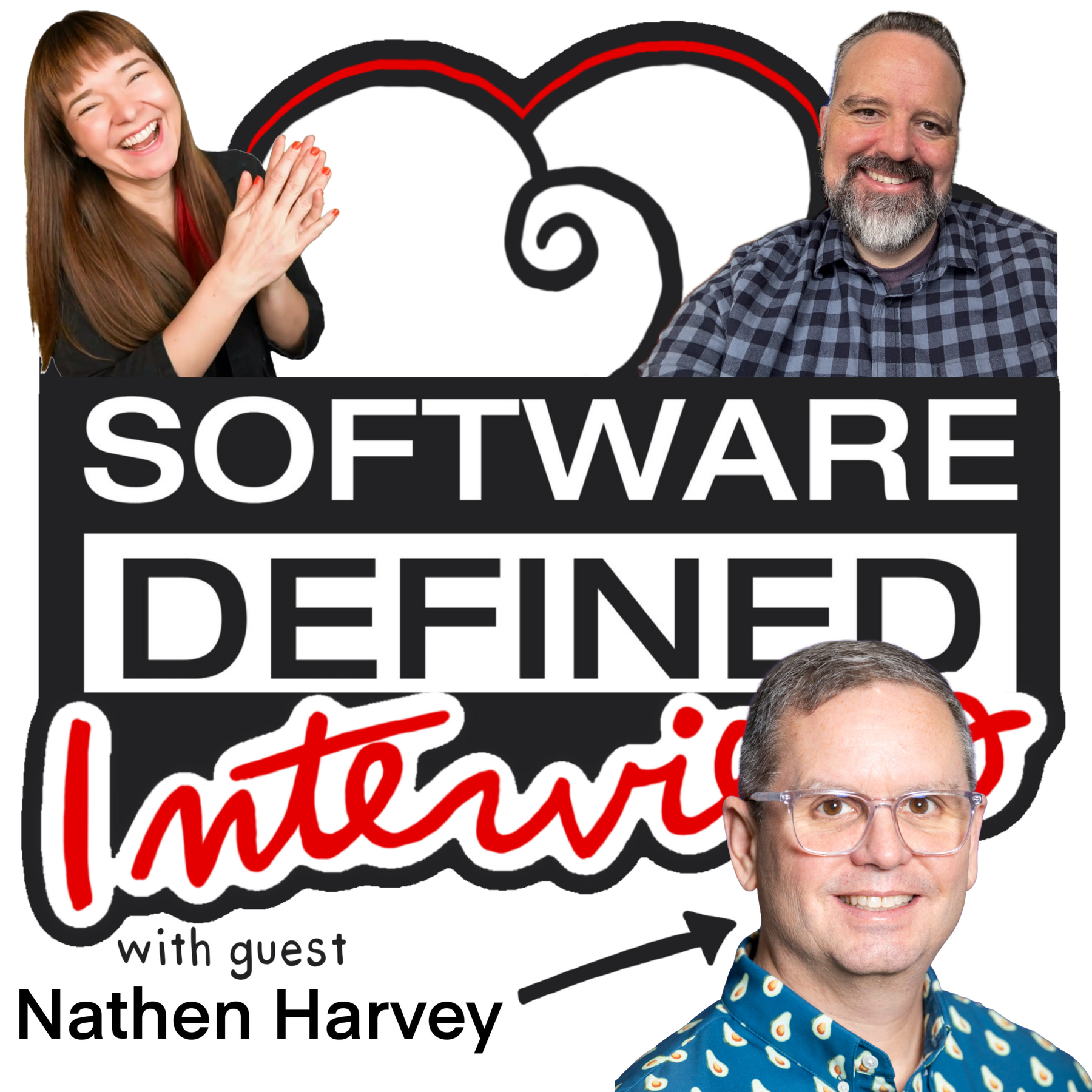 Three people appear in the thumbnail against the Software Defined Interviews logo. On the left, a woman with long reddish-brown hair laughs and claps her hands, wearing a red top. Upper right, a bearded man with short dark hair wears a plaid shirt. At the bottom center, a man with short gray hair and glasses smiles, wearing a blue floral shirt. An arrow and the text "with guest Nathan Harvey" point to him. The center displays the show logo in bold black and red lettering: "Software Defined Interviews." The sides feature a tiled doodle-style background with clouds, lightning bolts, and checkered patterns.