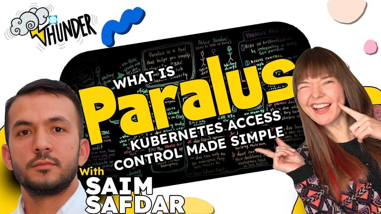 Two people flank a lightboard. On the left, Saim Safdar, a man with short dark hair wearing a white collared shirt, looks toward the camera with a calm expression. On the right, Whitney, a woman with long brown hair wearing a patterned top, laughs and points at the board. The board displays "WHAT IS Paralus? KUBERNETES ACCESS CONTROL MADE SIMPLE" in large yellow letters with handwritten lightboard notes visible behind. The Thunder show logo appears in the top left corner. Text at the bottom left reads "With SAIM SAFDAR." The background is white with decorative colorful shapes.